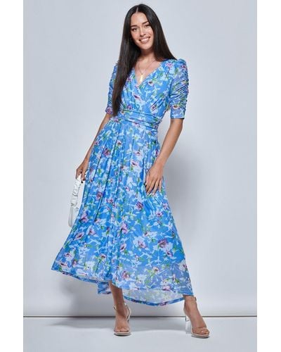 Jolie Moi Print Dip Hem Mesh Maxi Dress - Blue