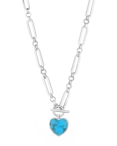 Mood Silver Turquoise Heart Stone Charm T Bar Chain Short Pendant Necklace - Blue