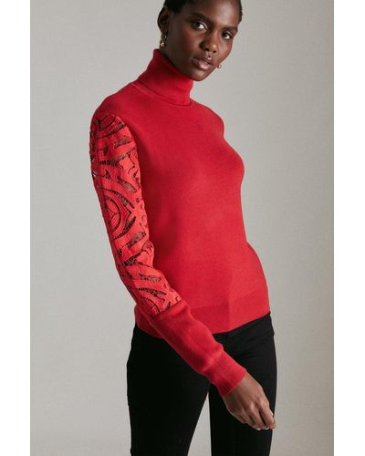 Karen Millen Lace Sleeve Knitted Jumper - Red