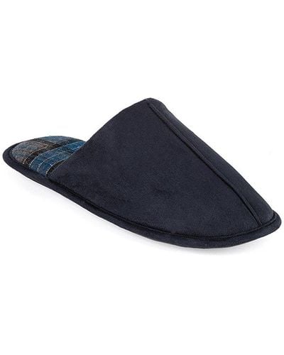 Totes Suedette Mule Slippers With Check Lining - Blue