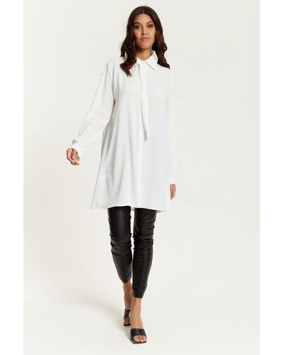 Hoxton Gal Oversized Long Sleeves Shirt With Tie Detail - White