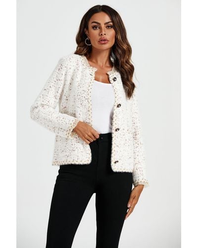 FS Collection Lace Trim Boucle Jacket In Cream - White