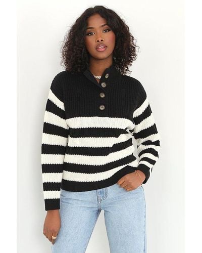 Brave Soul 'smithy' Striped Button Detail Knitted Jumper - Black