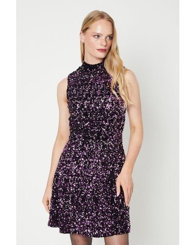 Oasis Funnel Neck Velvet Sequin A Line Mini Dress - Purple