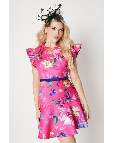 Debut London Ruffle Shoulder Satin Peplum Mini Dress - Pink