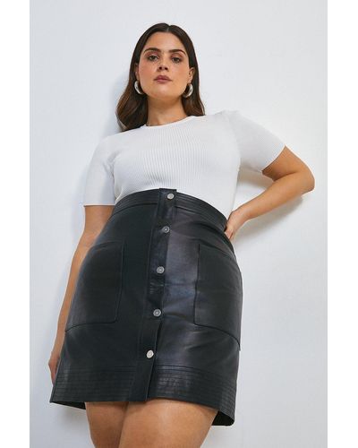Karen Millen Curve Leather Multi Stitch Popper Mini Skirt - Black
