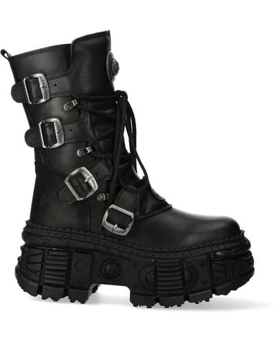 New Rock Mid-calf Leather Goth Boots-wall373-s5 - Black