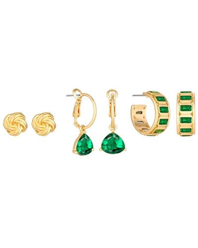 Mood Gold Green And Crystal Mixed Baguette Hoop Earrings - Pack Of 3 - Metallic