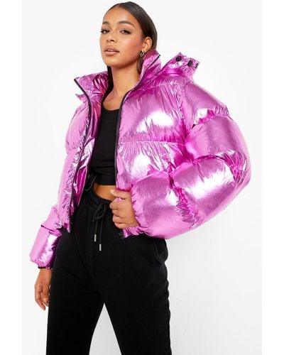 Boohoo High Shine Metallic Puffer Jacket - Pink