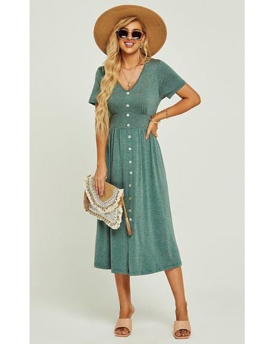 FS Collection Short Sleeve Button Down Maxi Dress In Green