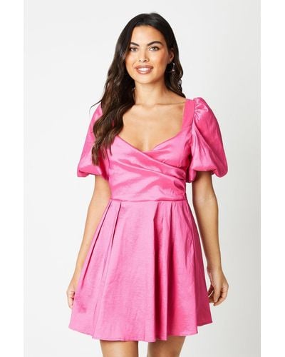 Coast Taffeta Bow Back Puff Sleeve Mini Dress - Pink