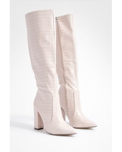Boohoo Croc Block Heel Knee High Boots - Pink