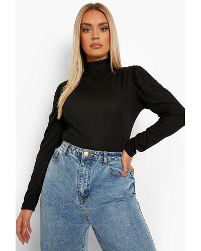 Boohoo Plus Puff Sleeve Rib Roll Neck Top - Black