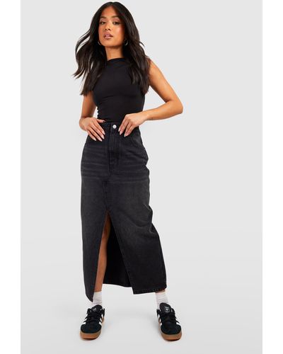Boohoo Petite Split Front Denim Maxi Skirt - Black