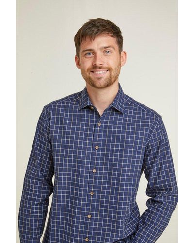 Double Two Navy Twill Windowpane Check Long Sleeve Casual Eco Shirt - Blue