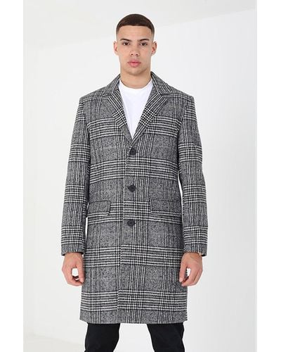 Brave Soul 'augustine' Checked Single Breasted Formal Coat - Grey
