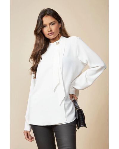 Hoxton Gal Oversized High Neck Blouse With Brooch Detail - White