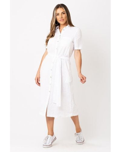 Krisp Midi Length Linen Shirt Dress - White