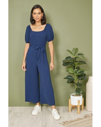 Mela Navy Square Neck Puff Sleeve Culotte Jumpsuit - Green