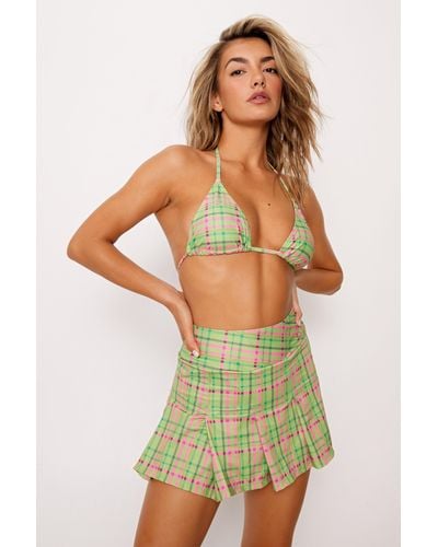 Nasty Gal Recycled Plaid Triangle Bikini And Pleated Skirt 3pc - Green