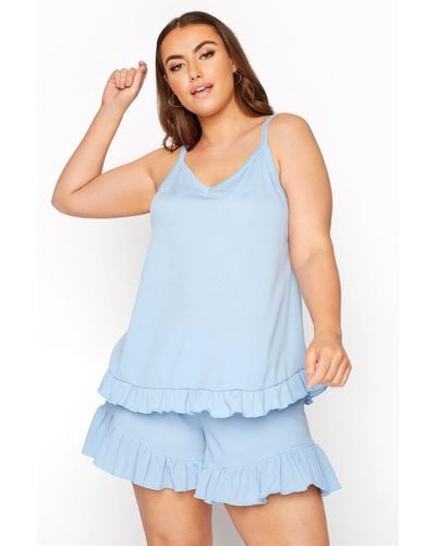 Yours Frill Ribbed Pyjama Top - Blue