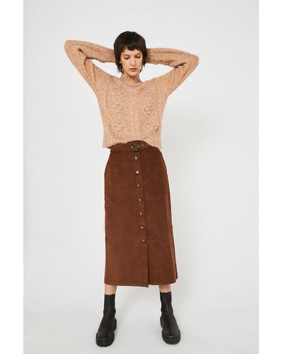 Warehouse Cord Button Front Belted Midi Skirt - Brown