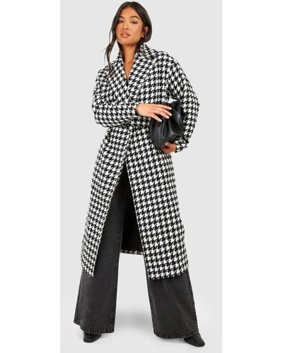 Boohoo Petite Dogtooth Belted Wool Look Trench - Blue