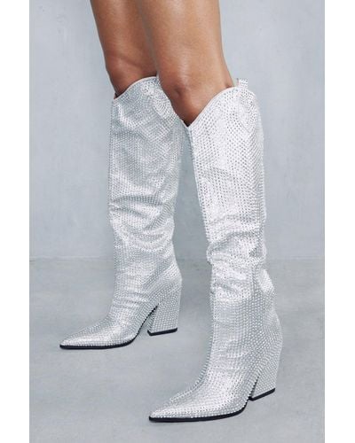 MissPap Premium Diamante Knee High Western Boots - Grey