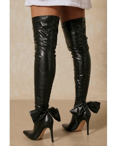 MissPap Leather Look Bow Detail Thigh High Boots - Black
