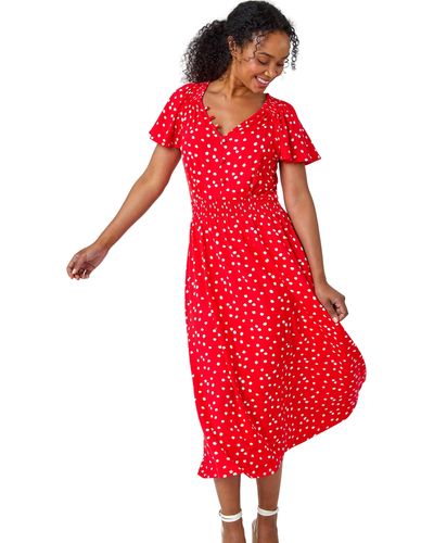Roman Petite Polka Dot Button Stretch Midi Dress - Red