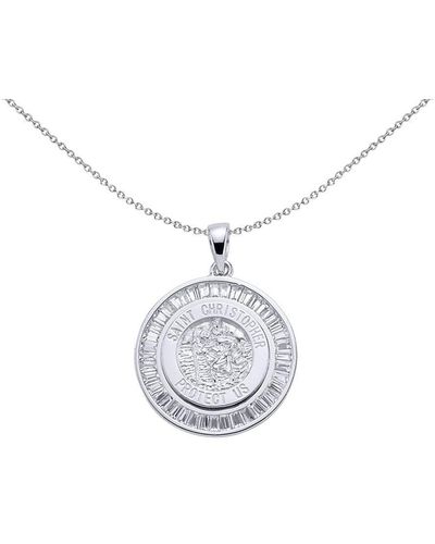 Jewelco London Silver Baguette Cz St Christopher Halo Medallion Necklace 18" - Gvp063 - Metallic
