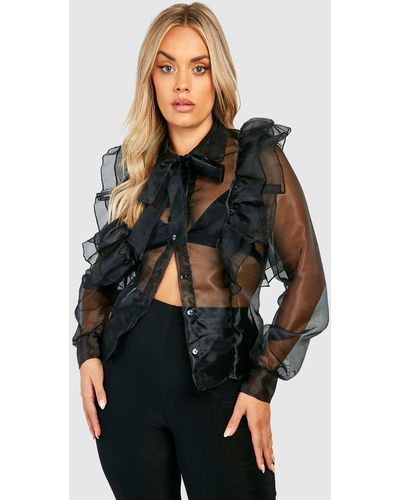 Boohoo Plus Organza Pussybow Blouse - Black