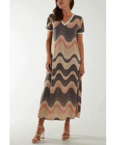 Hoxton Gal Multicolour V Neck Knitted Maxi Dress With Short Sleeve - Grey