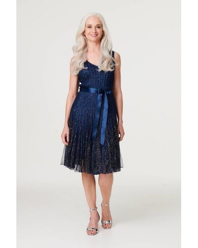 Izabel London Sequin Sleeveless Tie Waist Dress - Blue