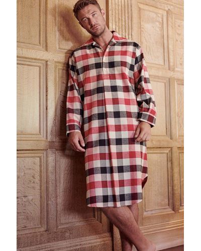 British Boxers 'shire Square' Red Check Brushed Cotton Nightshirt - Brown