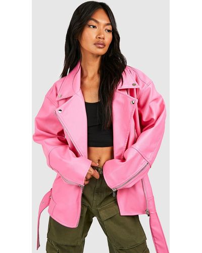 Boohoo Super Oversized Belted Biker Jacket - Pink