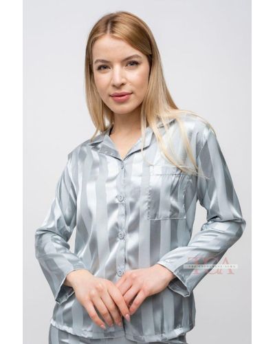 The Colourful Aura Green Stripe Soft Satin Long Sleeve Night Suit Women's Silk Sleepwear Pyjama Set - Grey