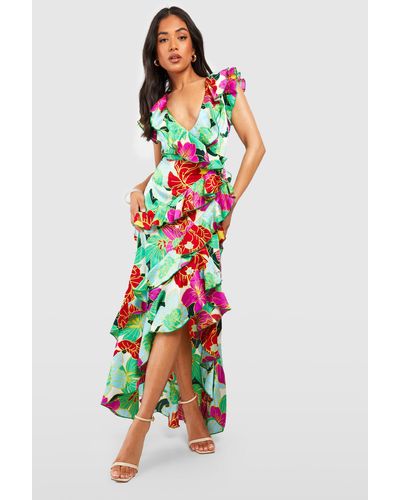 boohoo Plus Floral Ruffle Wrap Dress - Green - Size 24
