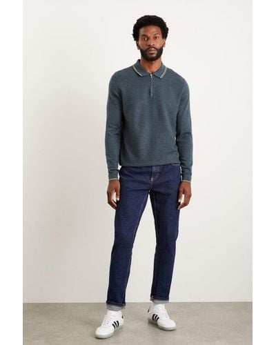 Burton Super Soft Steel Blue Tipped Texture Knitted Zip Polo Shirt