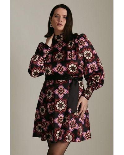 Karen Millen Plus Size 70's Tile Print Satin Woven Mini Dress - Brown