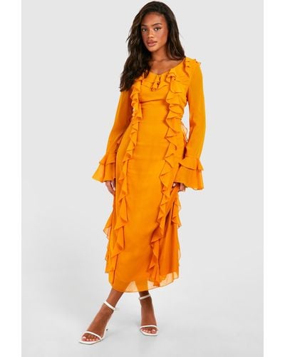 Boohoo Ruffle Detail Midaxi Dress - Orange