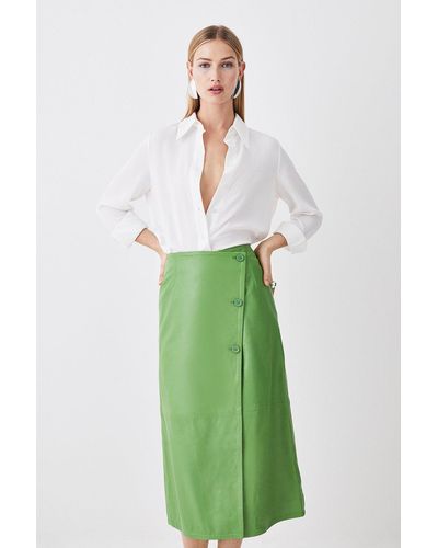 Karen Millen Leather Button Wrap Midaxi Skirt - Green