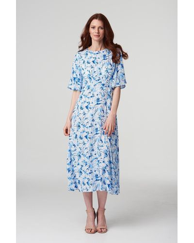 Izabel London Leaf Print Midi Tea Dress - Blue