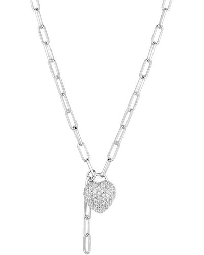 Simply Silver Sterling Silver 925 Cubic Zirconia Paperlink Pave Heart Necklace - Blue