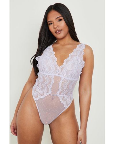 Boohoo Plus Spot Mesh And Fan Lace Bodysuit - White