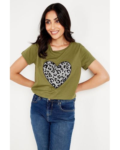 Wallis Petite Leopard Heart T-shirt - Green