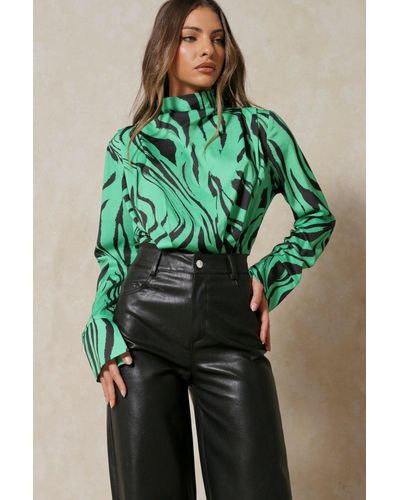 MissPap Zebra Print High Neck Bodysuit - Green