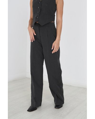 Brave Soul 'queen' Tailored Pinstripe Wide Leg Trousers - Black