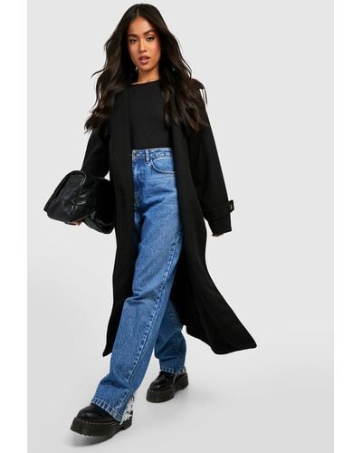 Boohoo Petite Belted Wool Look Trench - Blue