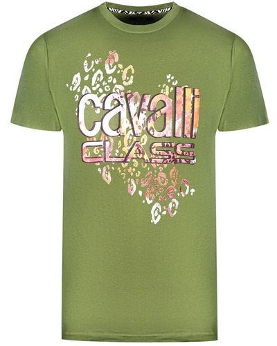 Class Roberto Cavalli Leopard Print Logo Green T-shirt